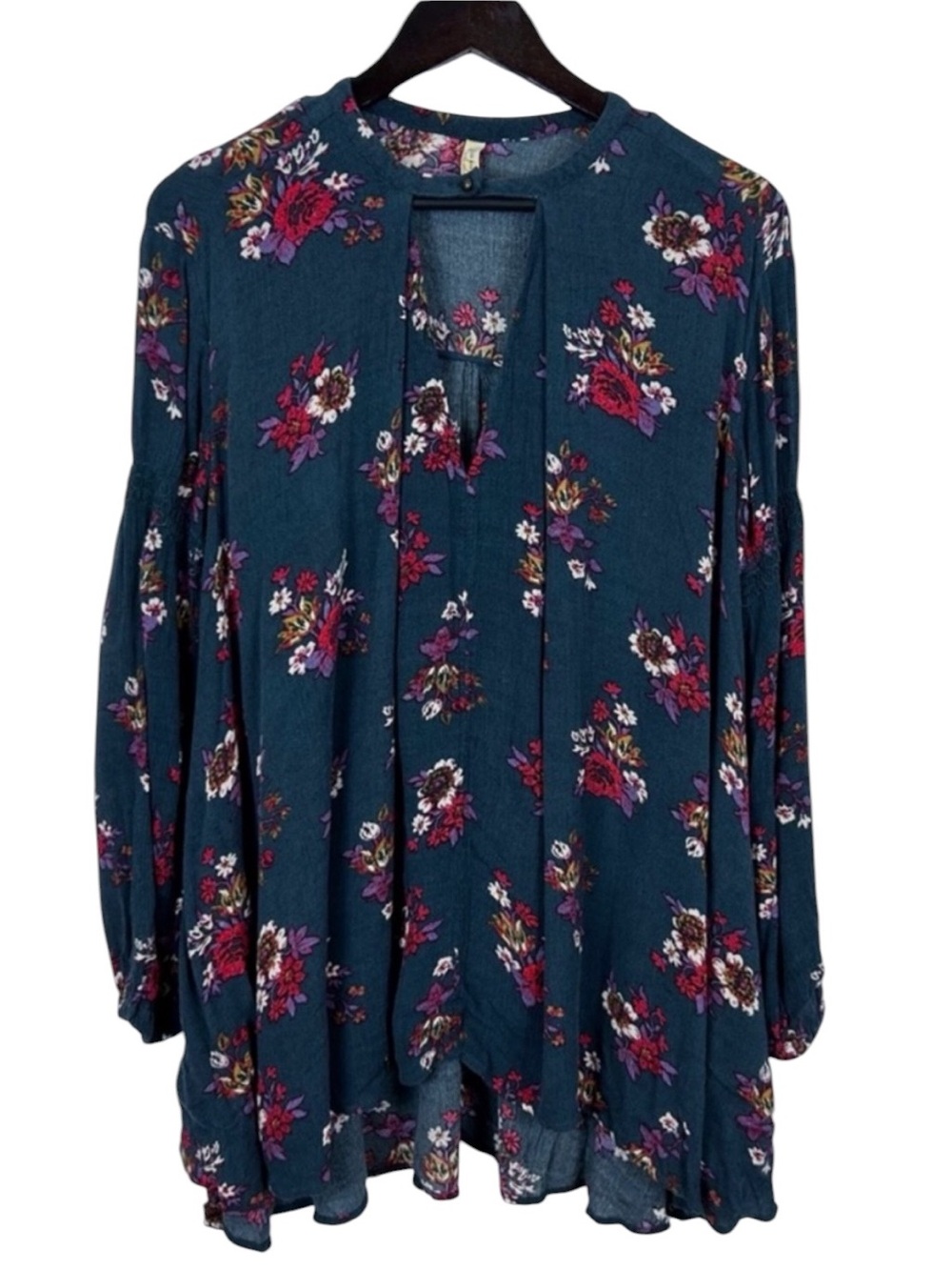 Free People Floral Teal Long-Sleeve Peasant Top Size X-Small Oversized